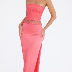 House of CB - Mistress Rocks Coral High Split Maxi Skirt with Beaded Corset